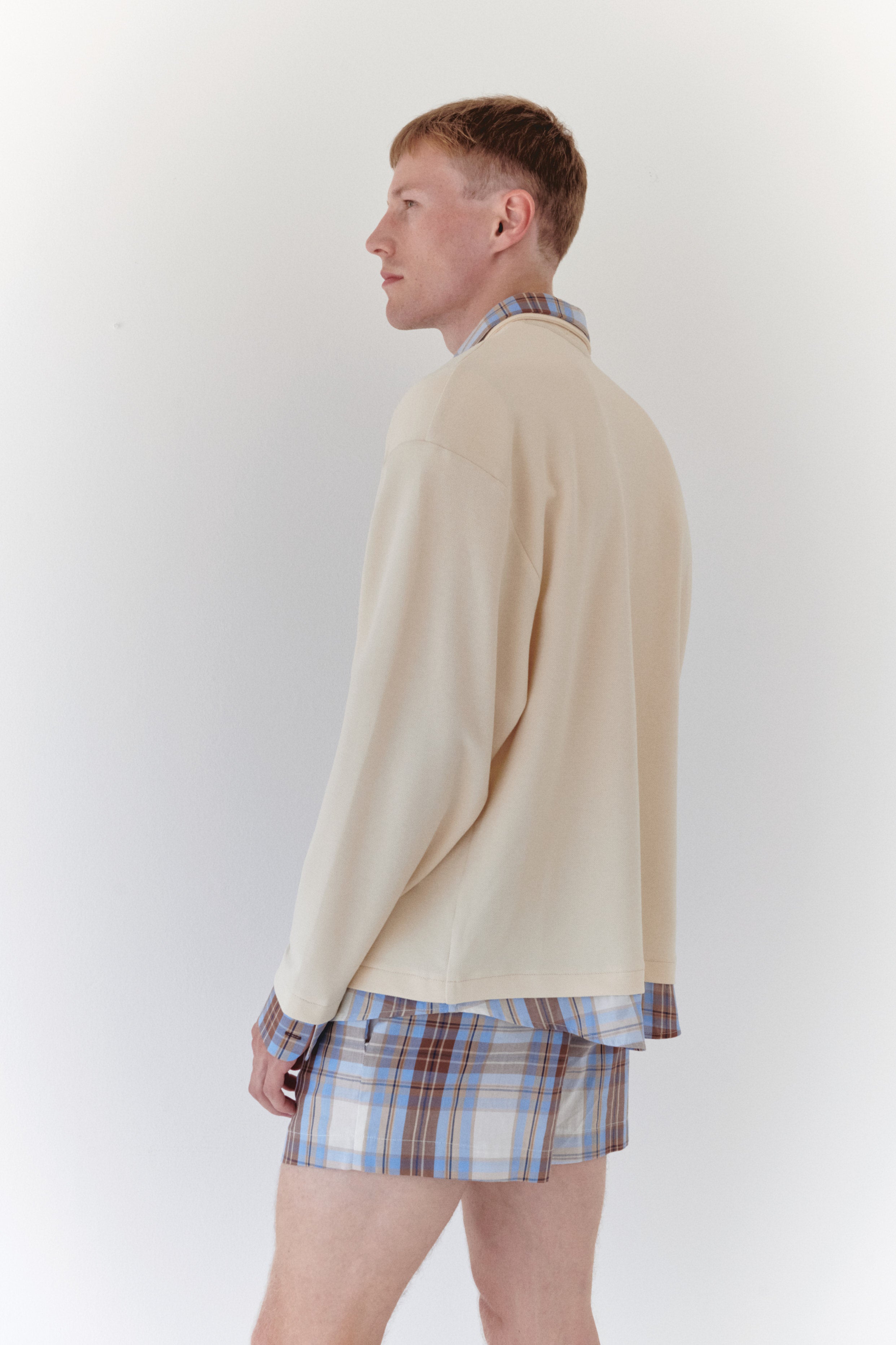 Beige Padded Polo Shirt With Blue Plaid Collar And Cuff Details