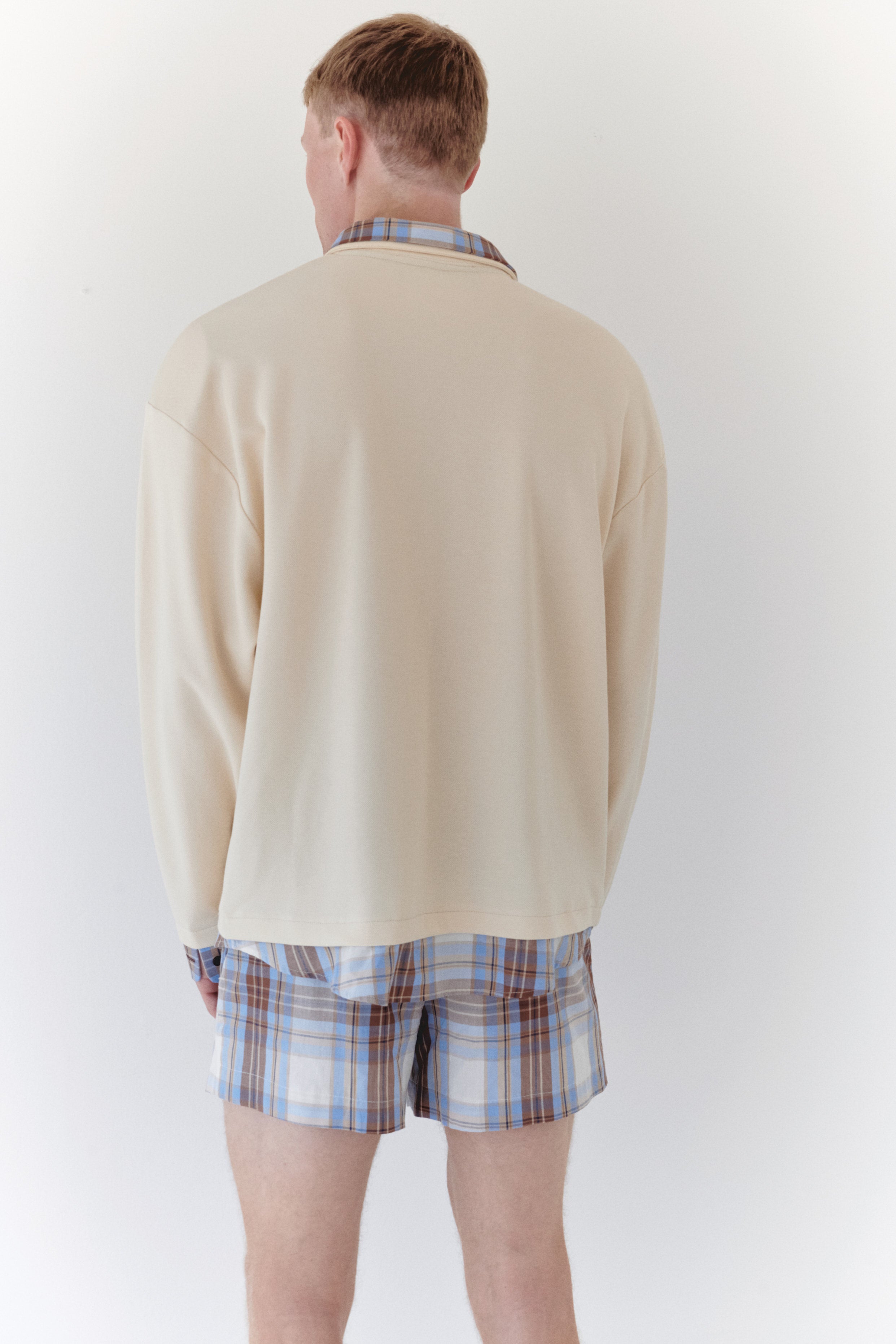Beige Padded Polo Shirt With Blue Plaid Collar And Cuff Details