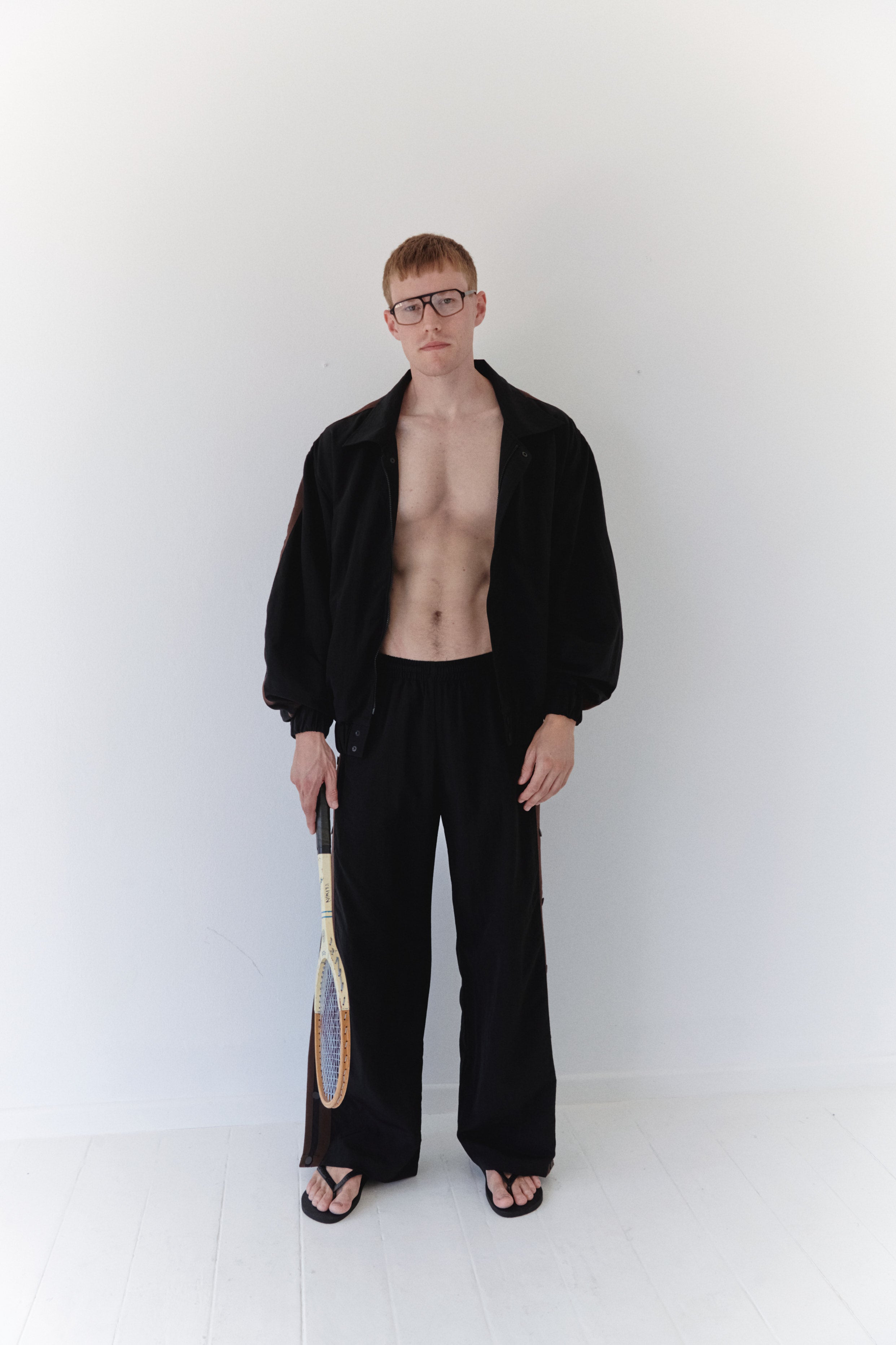 Water Resistant Black Parachute Track Pants With Brown Stripes