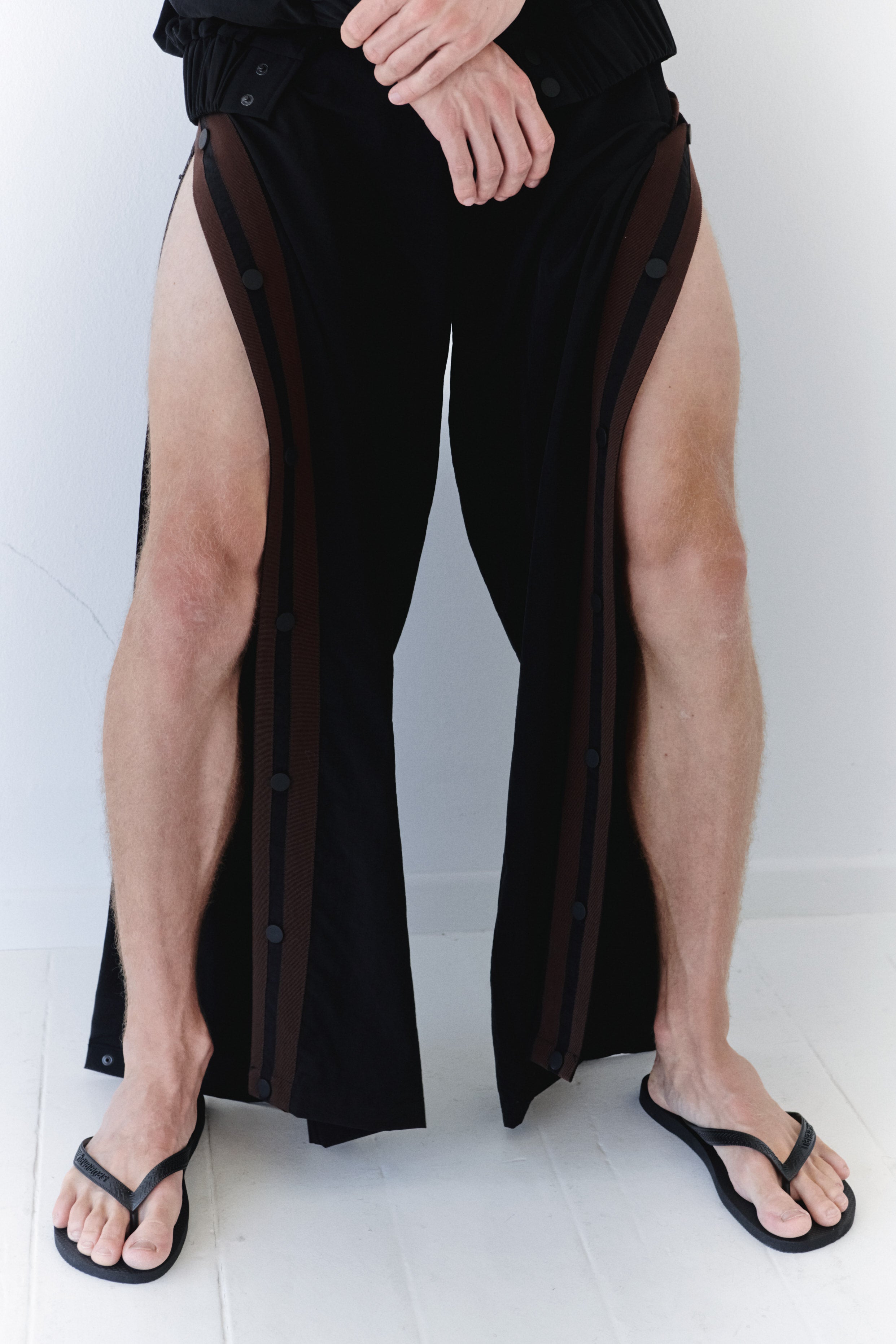 Water Resistant Black Parachute Track Pants With Brown Stripes