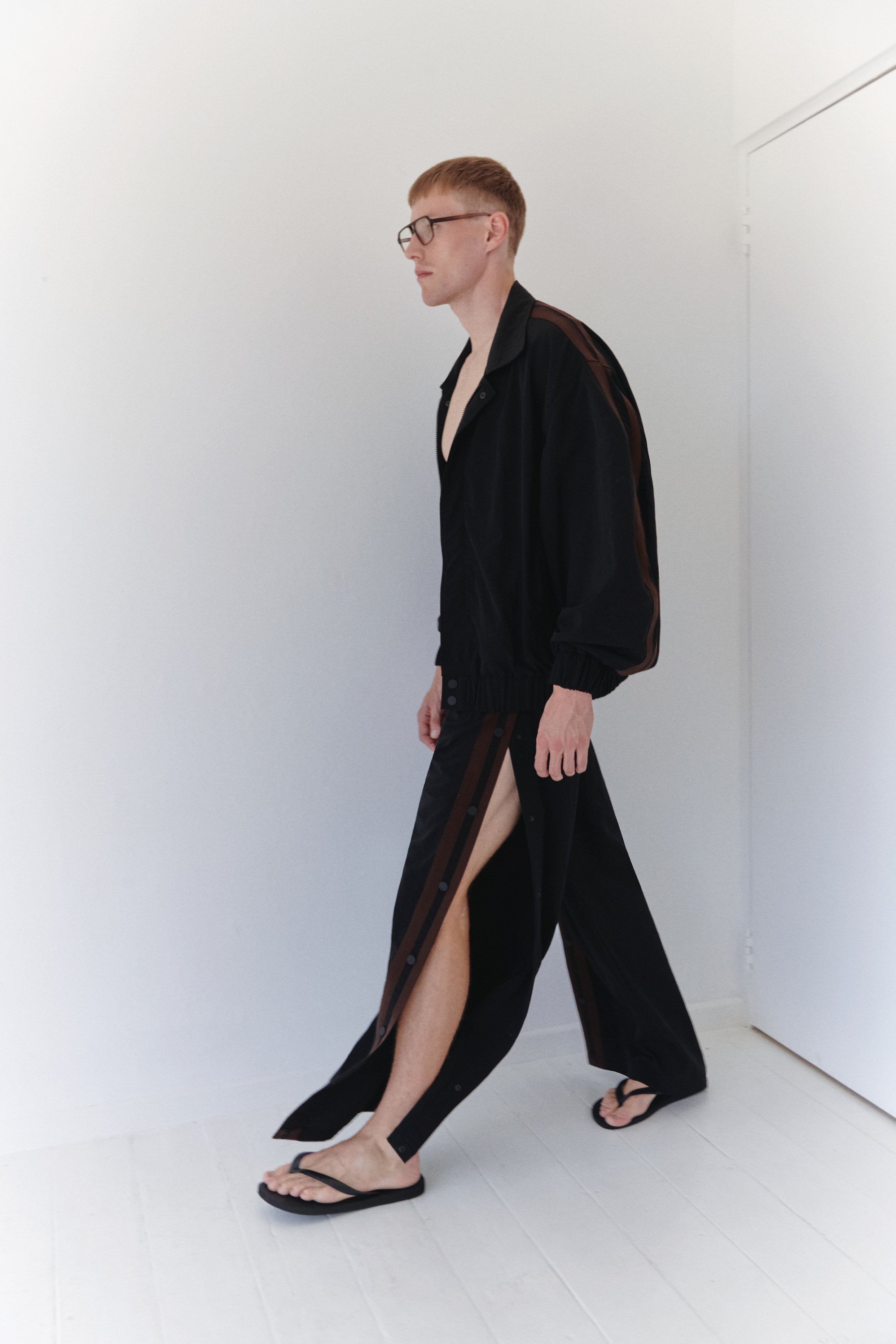 Water Resistant Black Parachute Track Pants With Brown Stripes