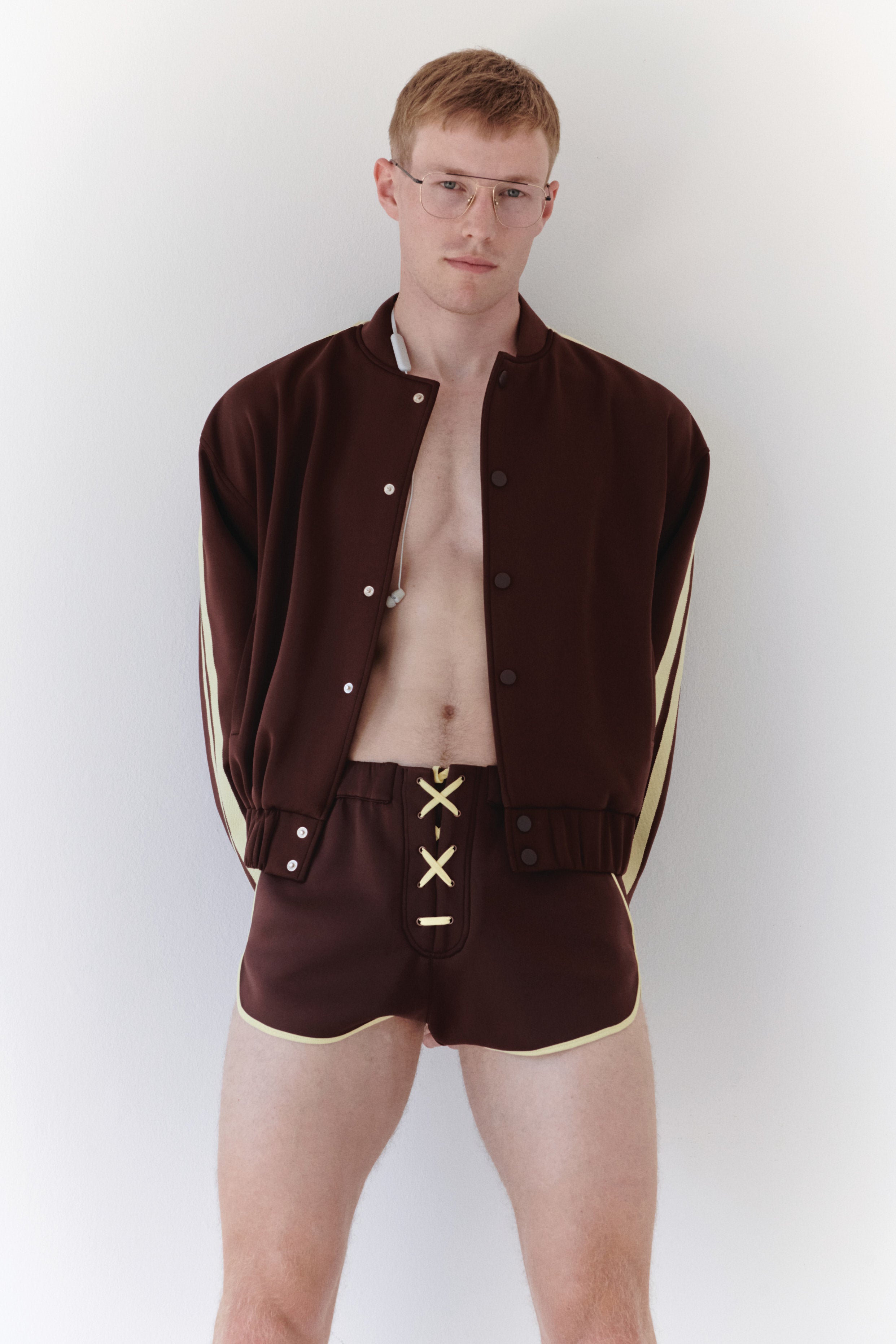 Brown Bomber Jacket With Yellow Stripes
