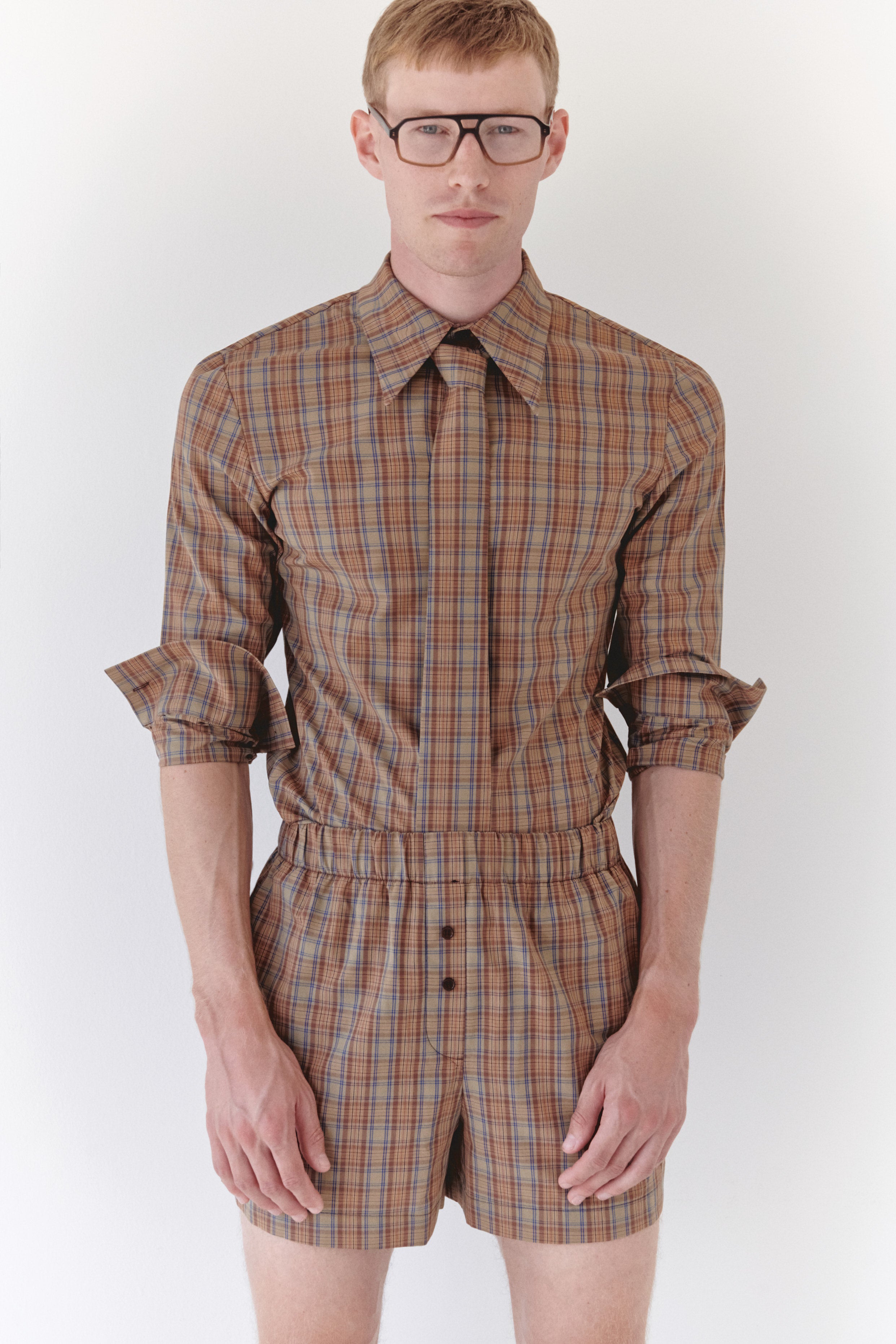Brown Plaid Short With Button Details