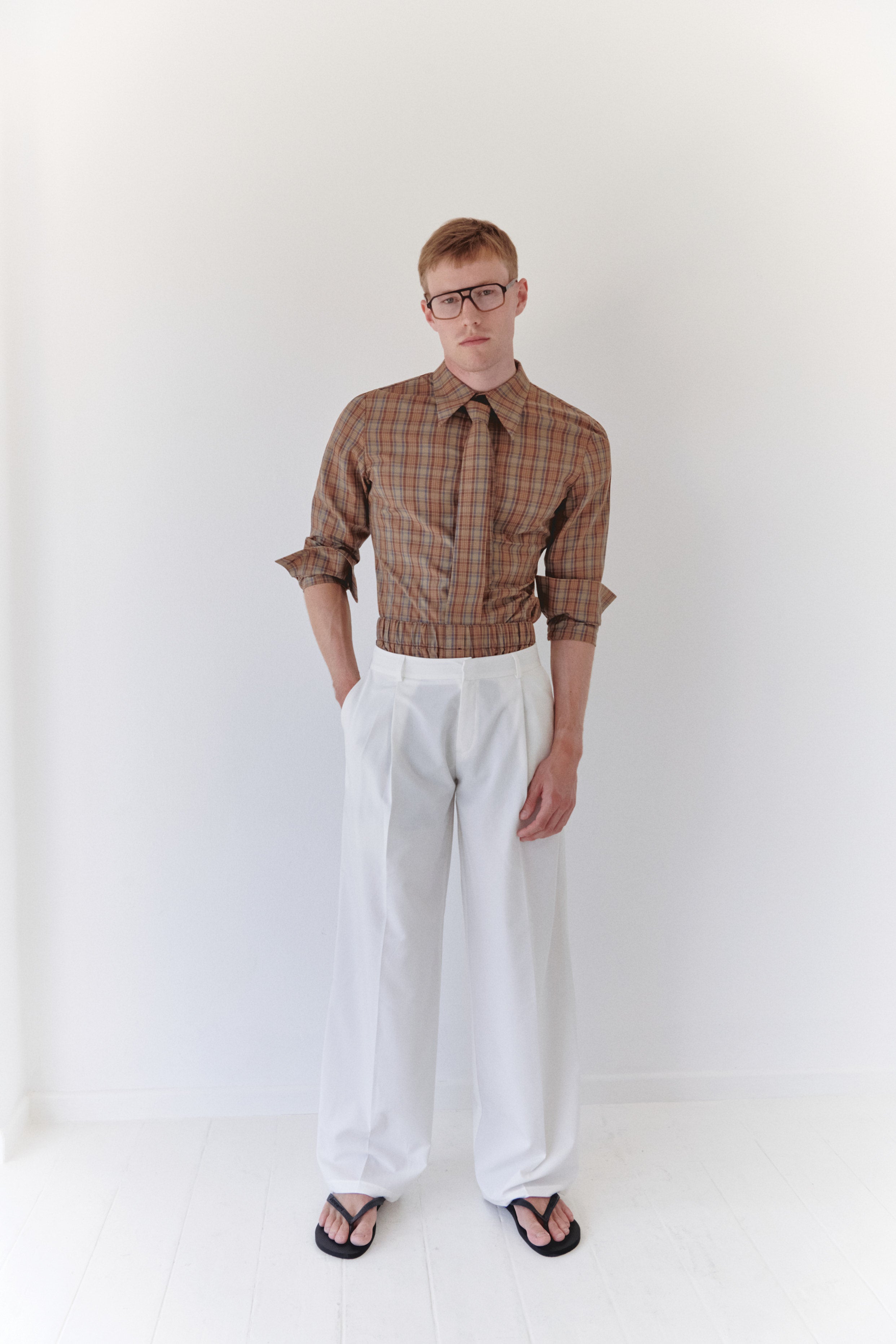 Brown Plaid Unisex Shirt With Tie
