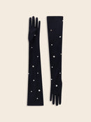 Black Jersey Gloves with White Stone Embellishment