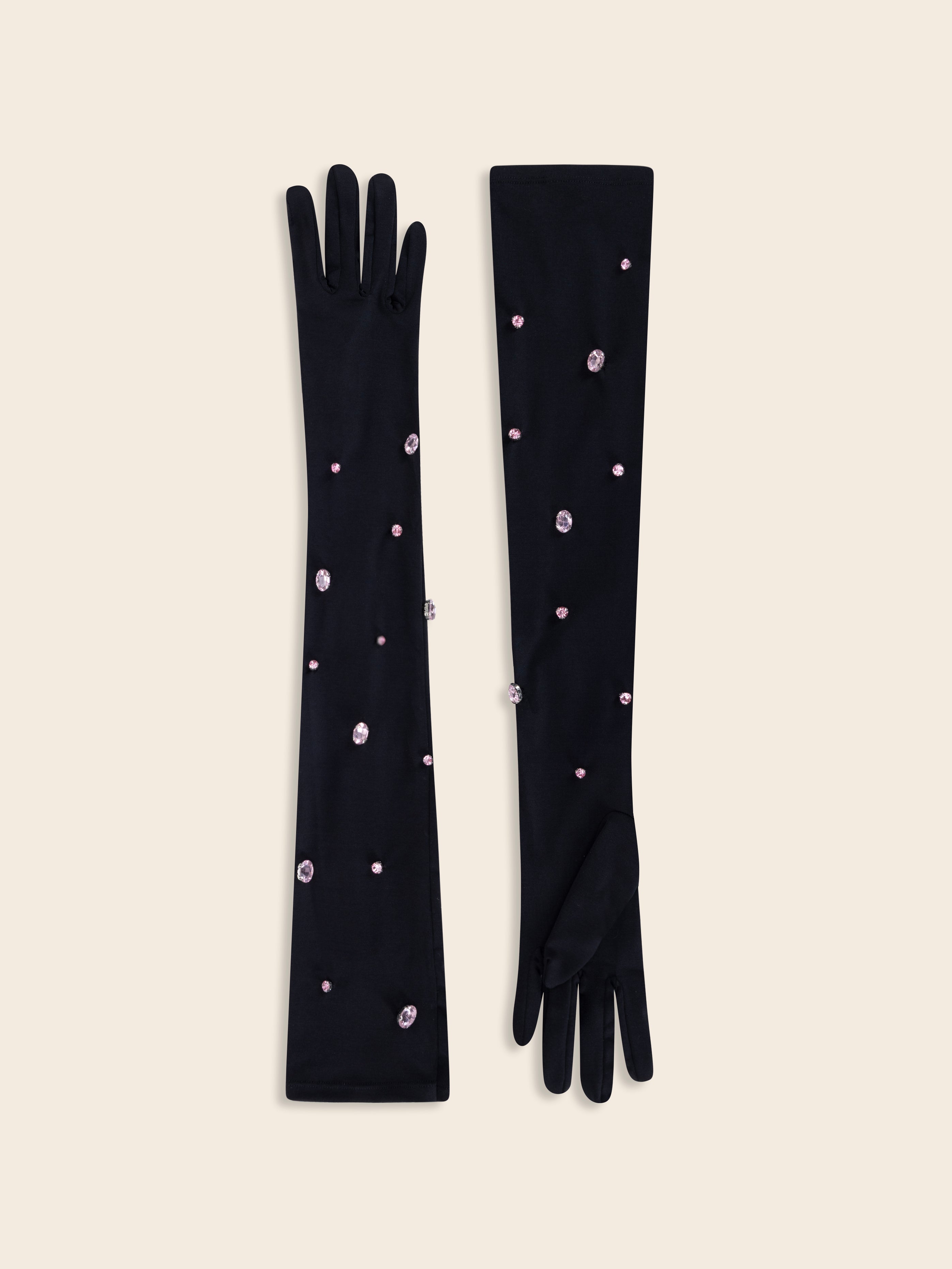 Black Jersey Gloves with Pink Stone Embellishment