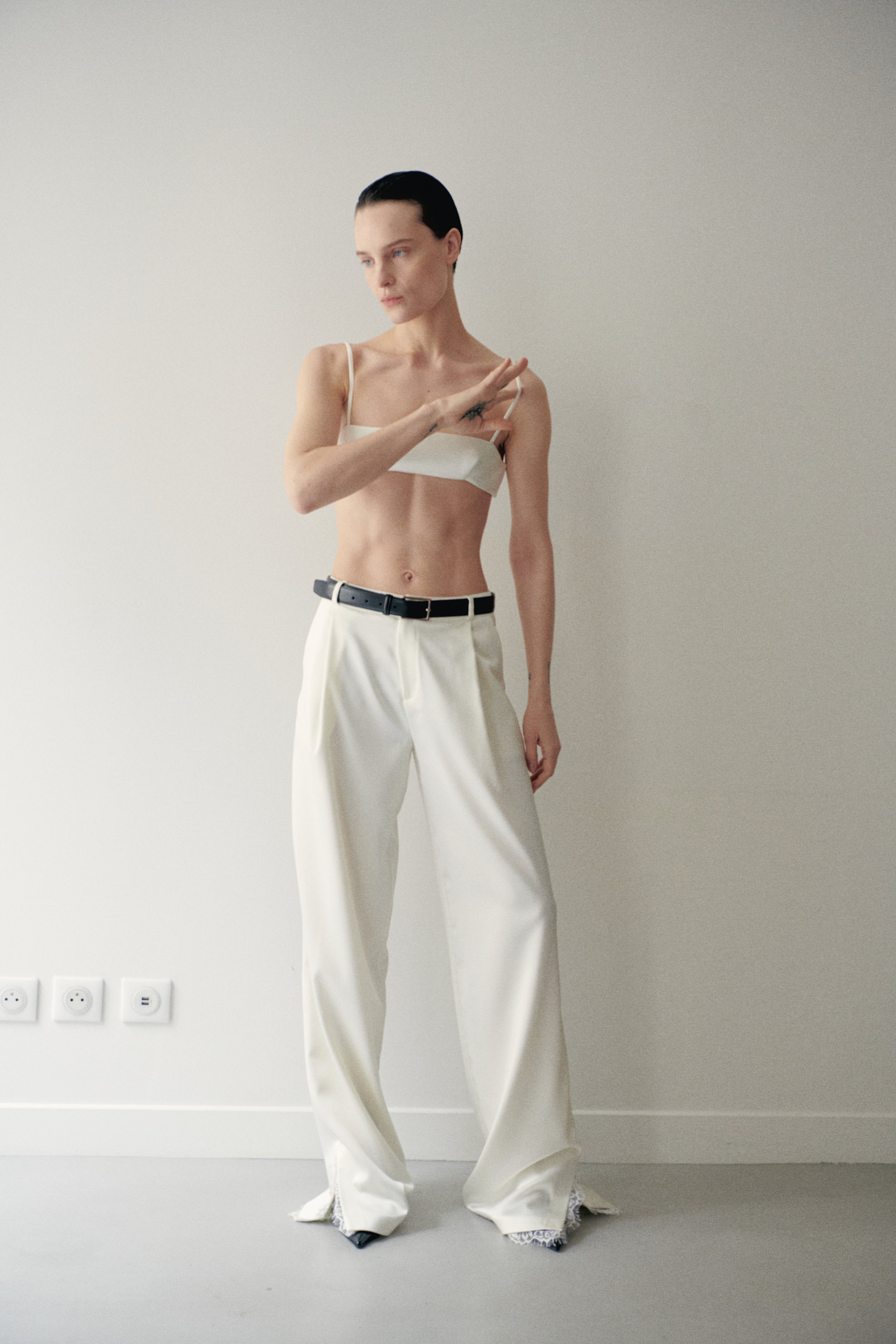 White Satin Trousers with Lace Details