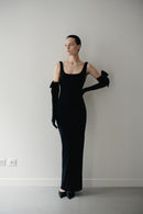 Black Long Dress with Bowknot Gloves