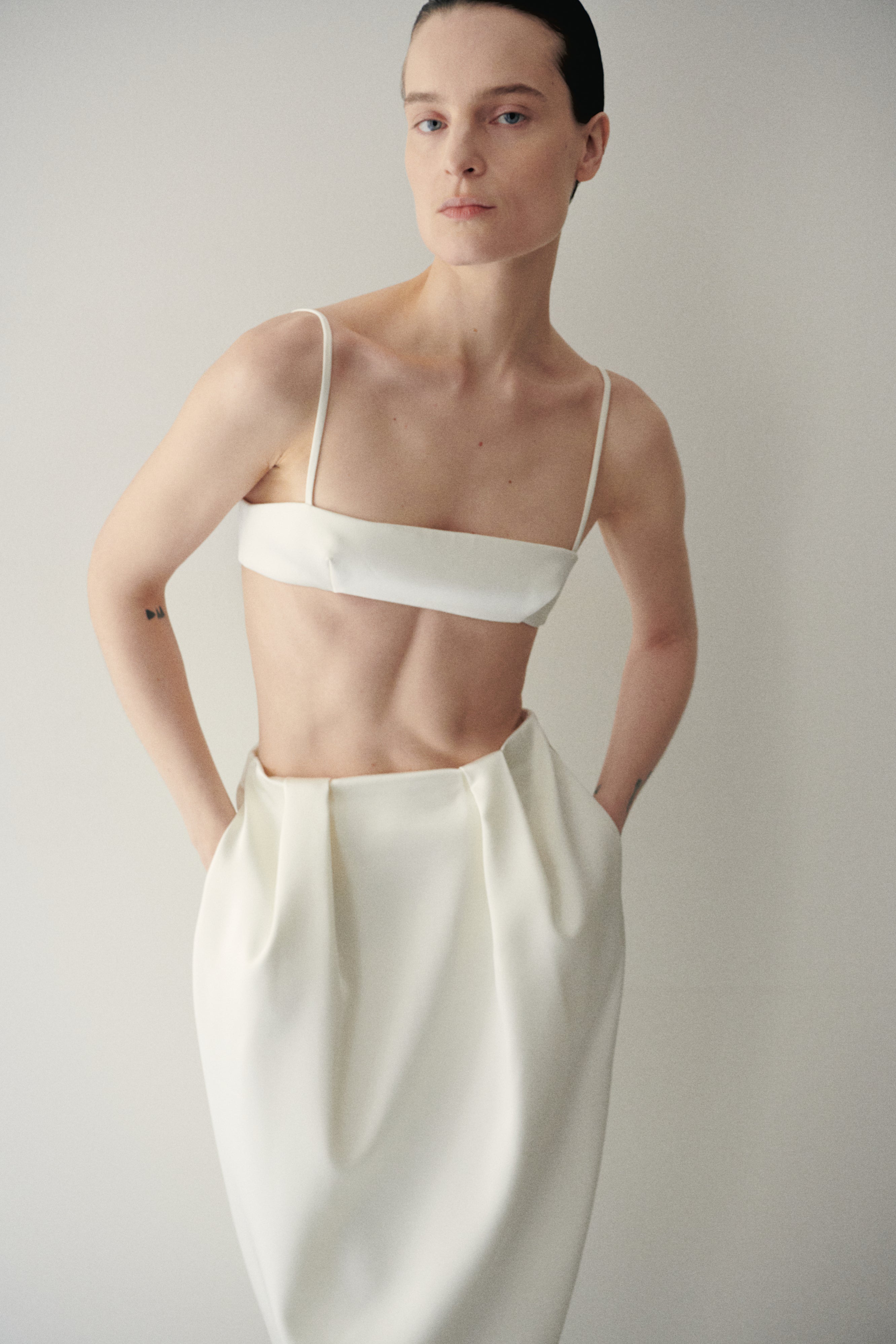 White Satin Midi Skirt with Pockets