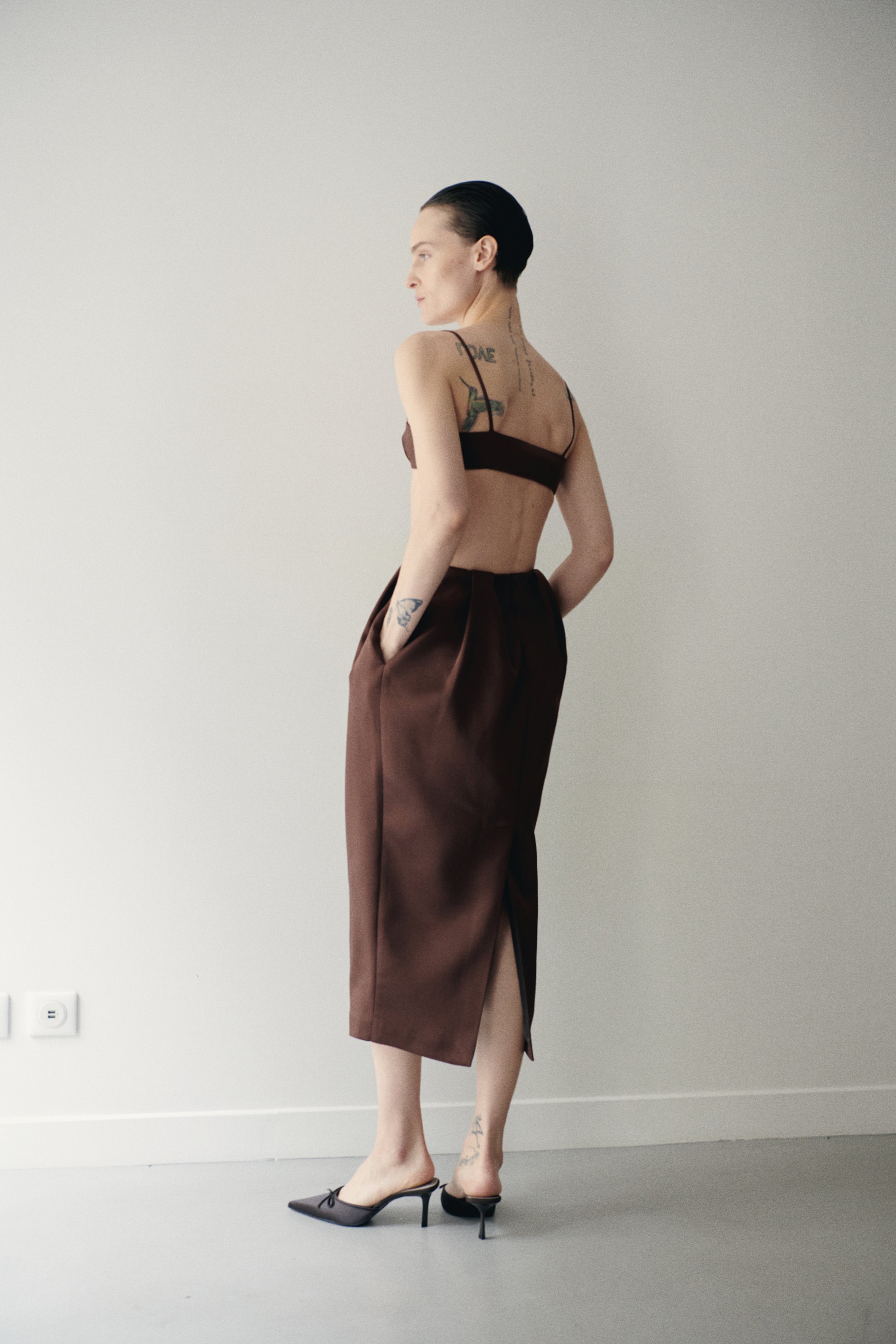 Brown Satin Midi Skirt with Pockets