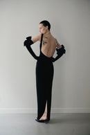 Black Long Dress with Bowknot Gloves