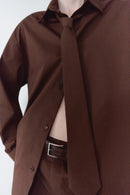 Kahverengi Unisex Oversize Kravatlı Gömlek