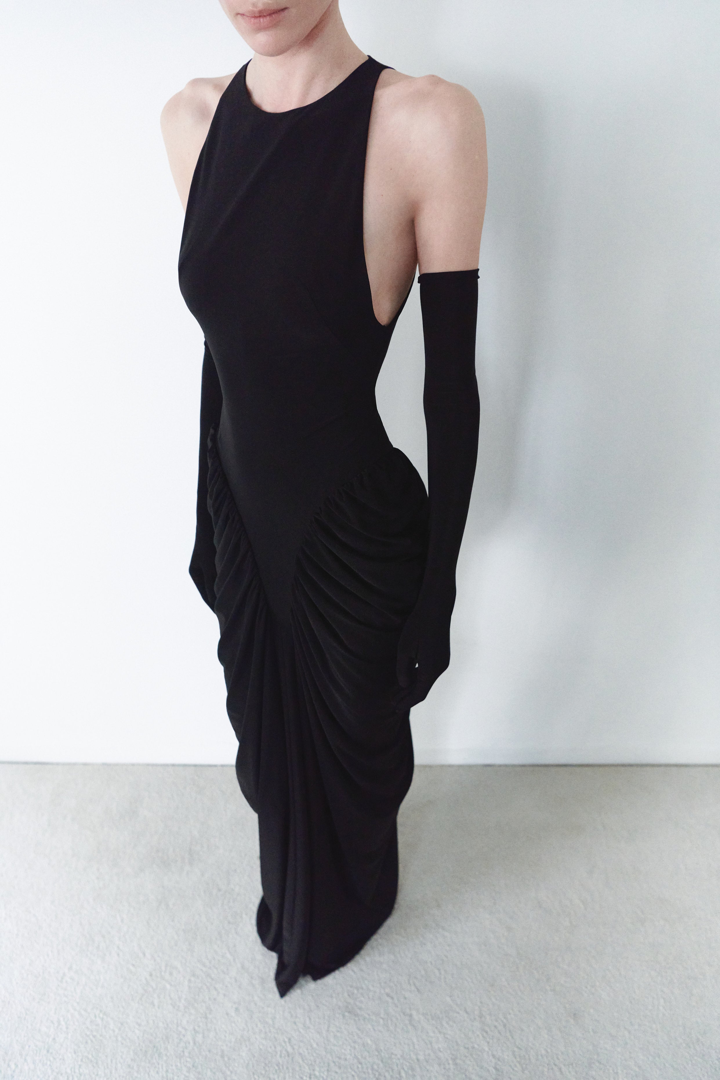 Black Halter Neck Draped Dress With Gloves