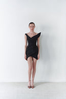 Black Taffeta Asymmetric Dress With Detachable Train