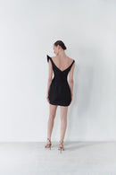 Black Taffeta Asymmetric Dress With Detachable Train