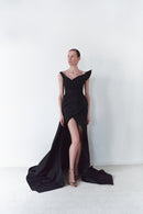 Black Taffeta Asymmetric Dress With Detachable Train