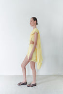 Yellow Draped Mini Dress With Cape And Collar Details