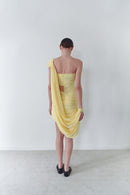 Yellow Draped Mini Dress With Cape And Collar Details