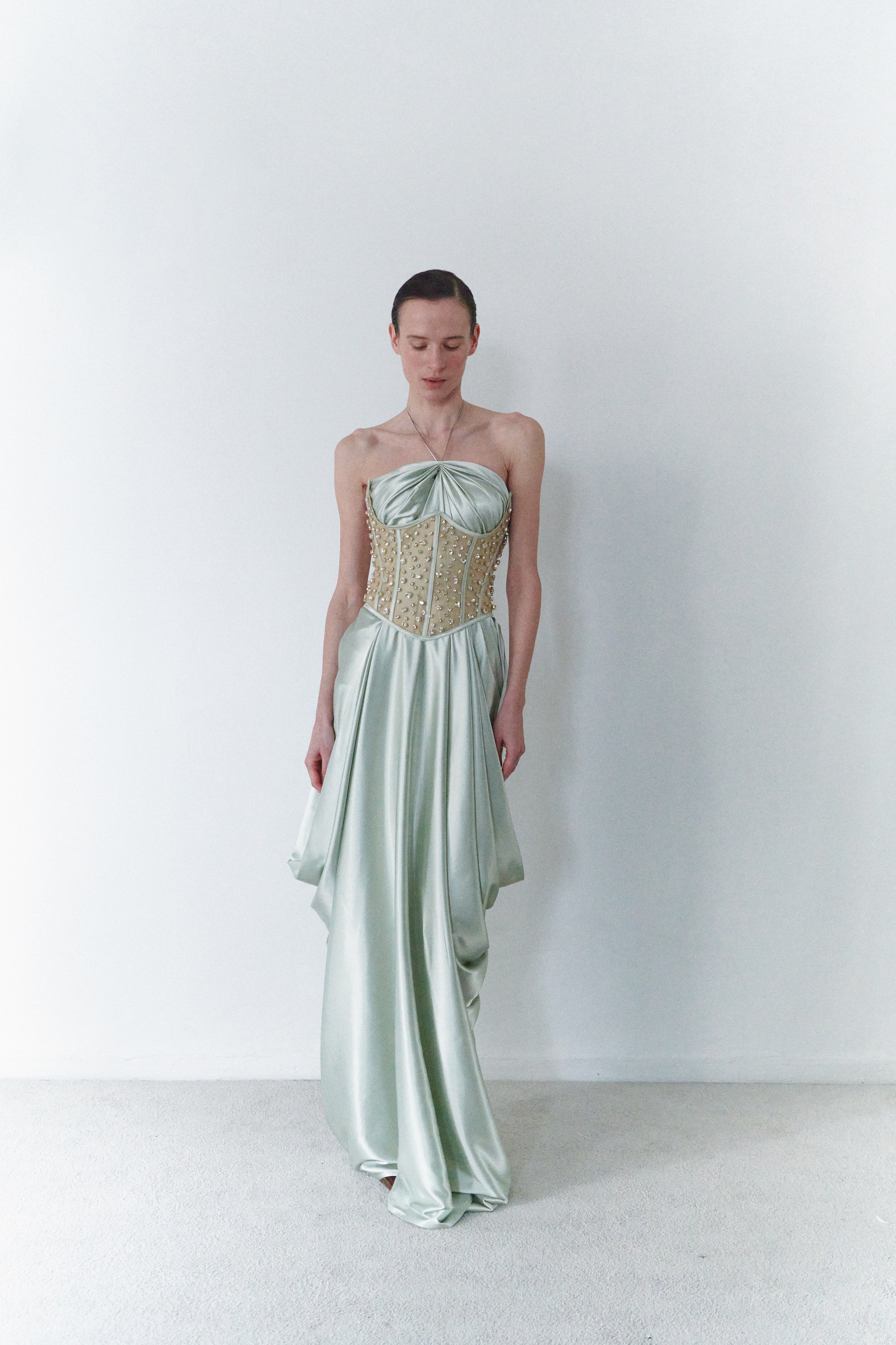 Sage Green Maxi Dress With Embellished Corset – LEAM ALMES