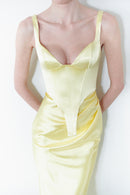 Yellow Satin Corset And Long Draped Skirt Two Piece Set
