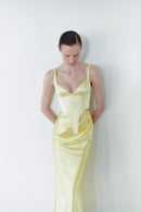 Yellow Satin Corset And Long Draped Skirt Two Piece Set