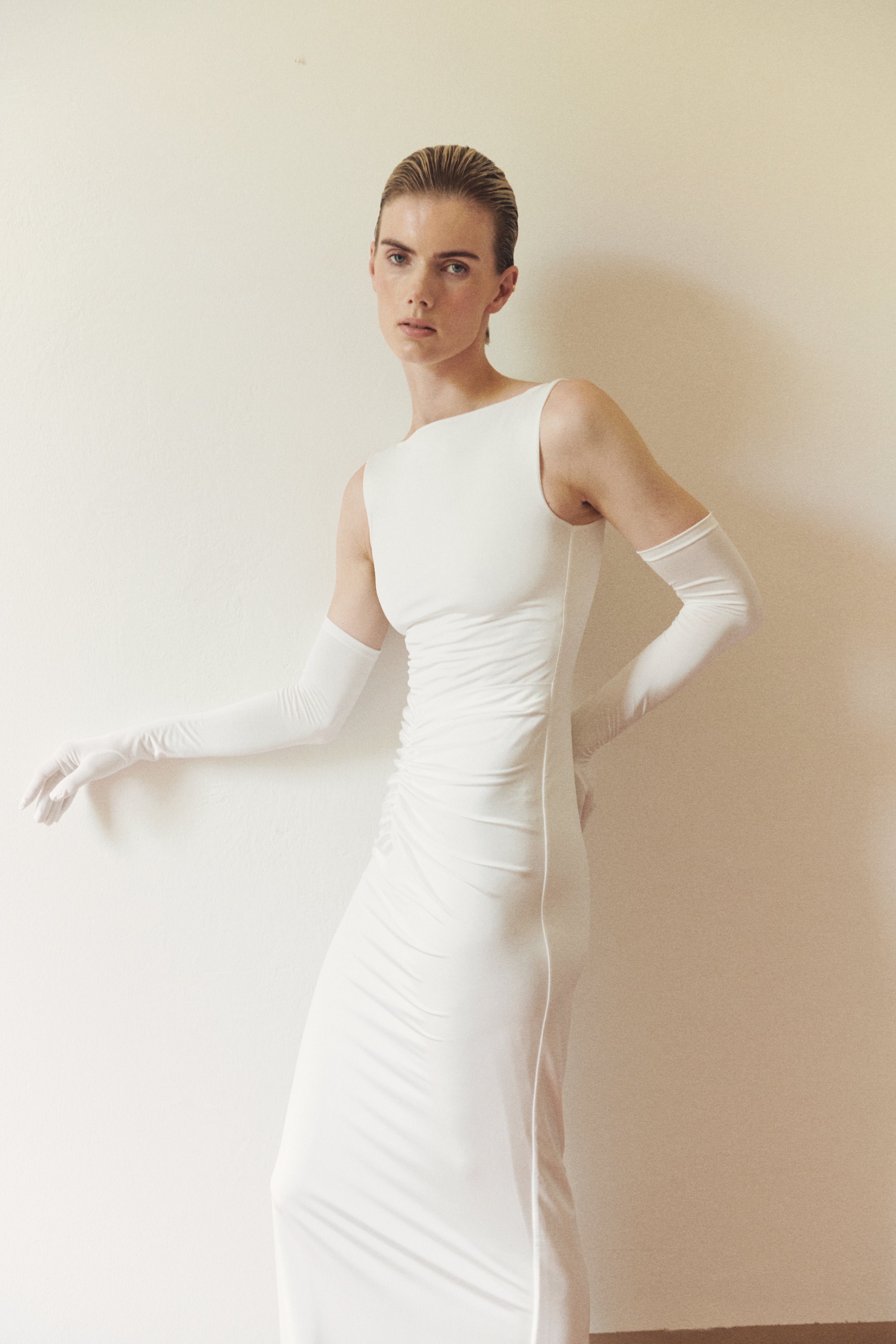 White Draped Maxi Dress with Gloves