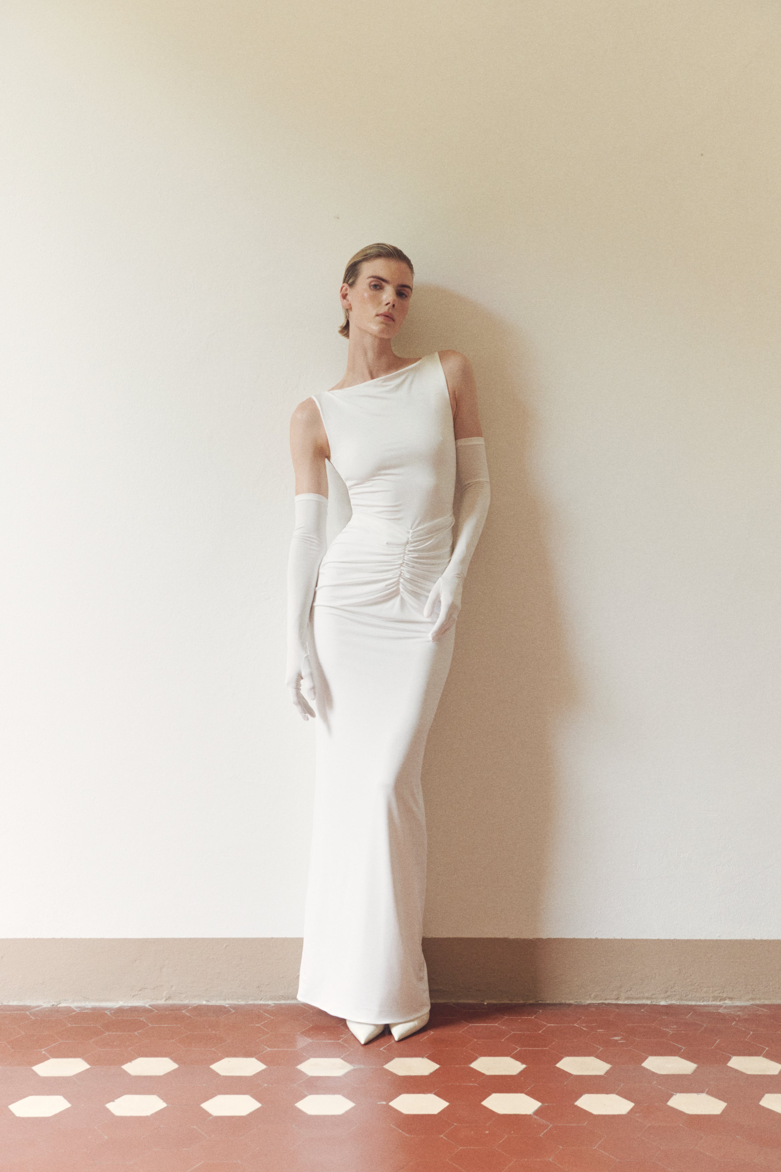 White Draped Maxi Dress with Gloves – LEAM ALMES