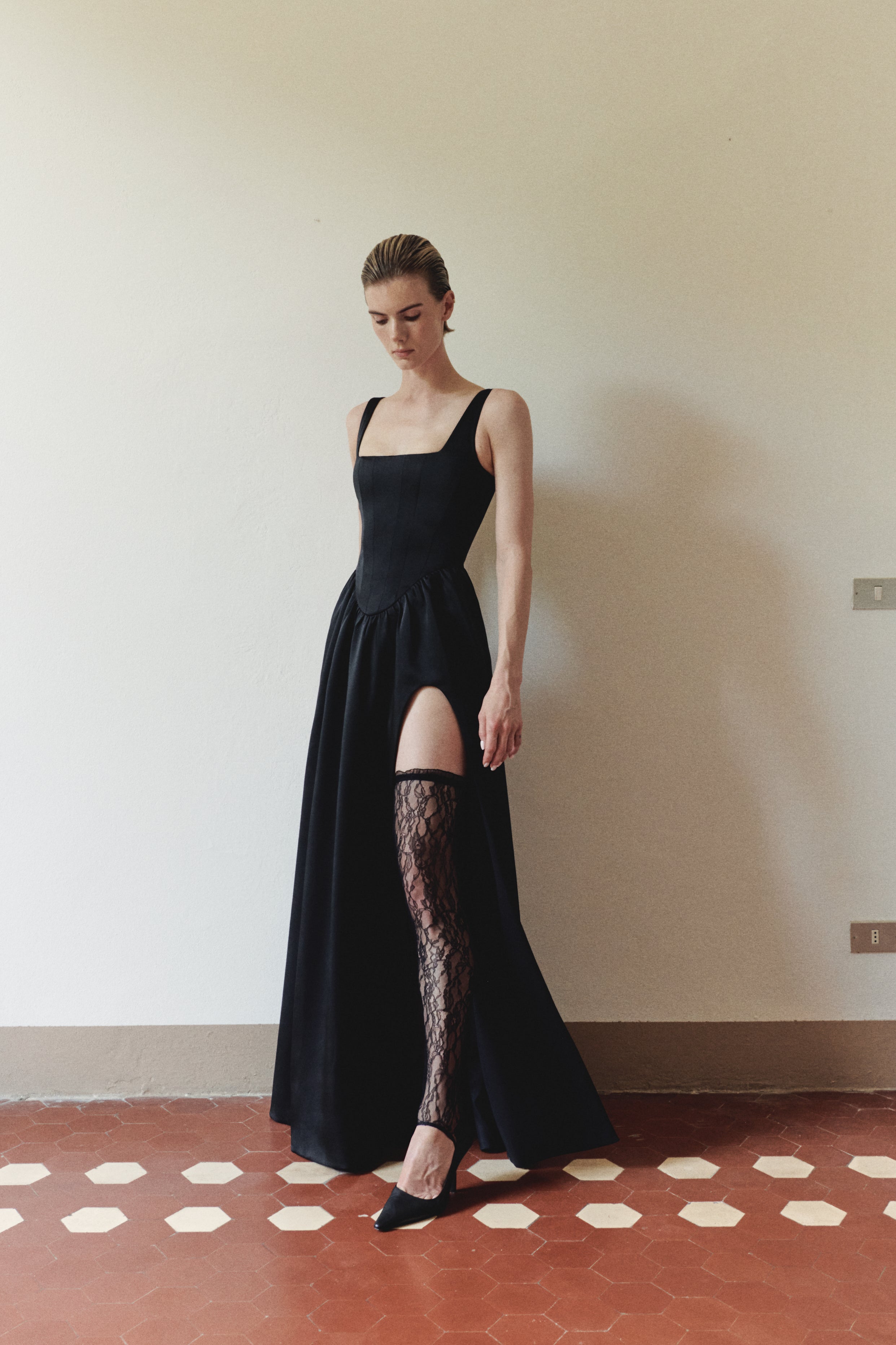 Black Maxi Dress with Garter and Side Slit