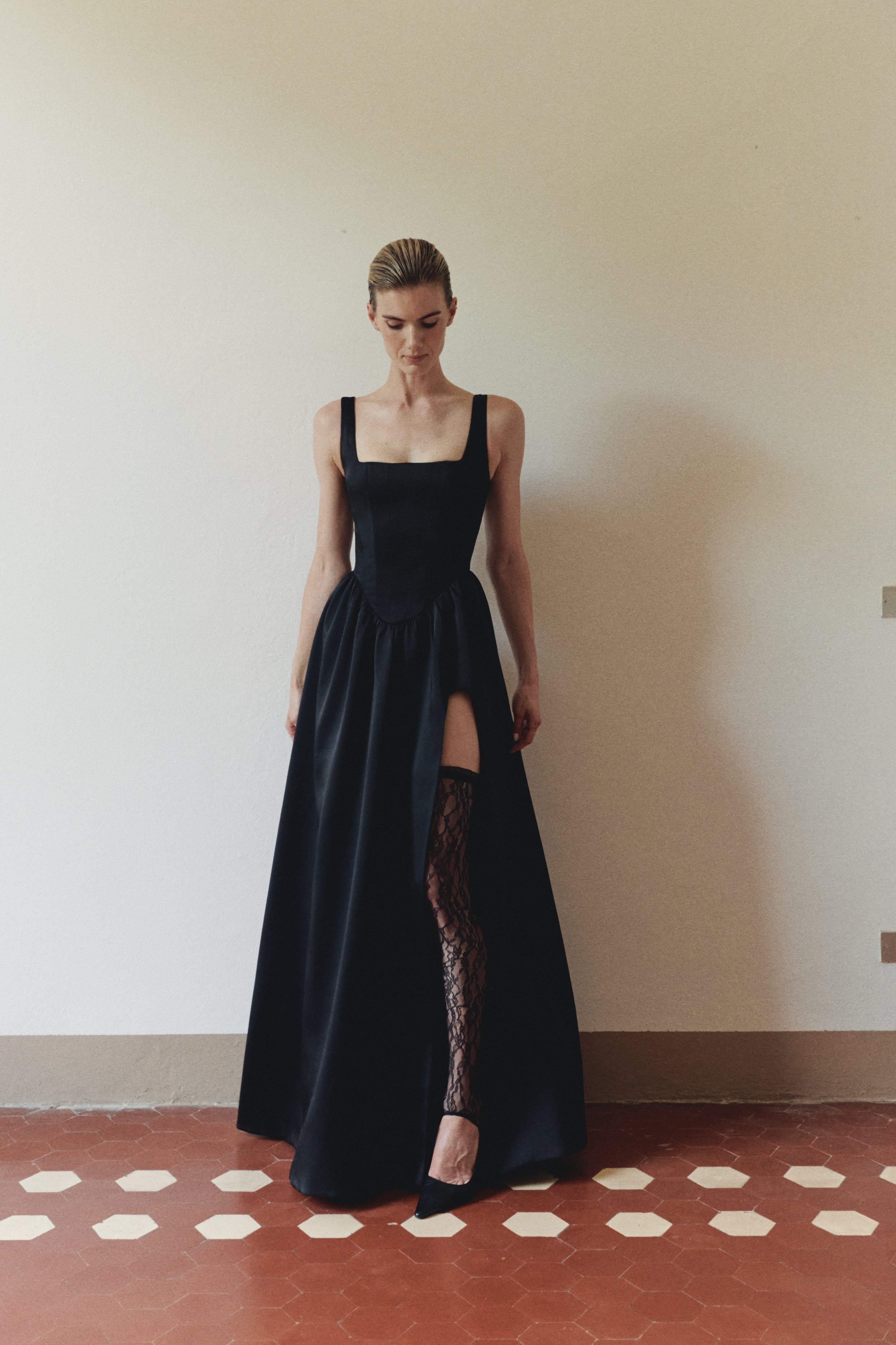 Black Maxi Dress with Garter and Side Slit