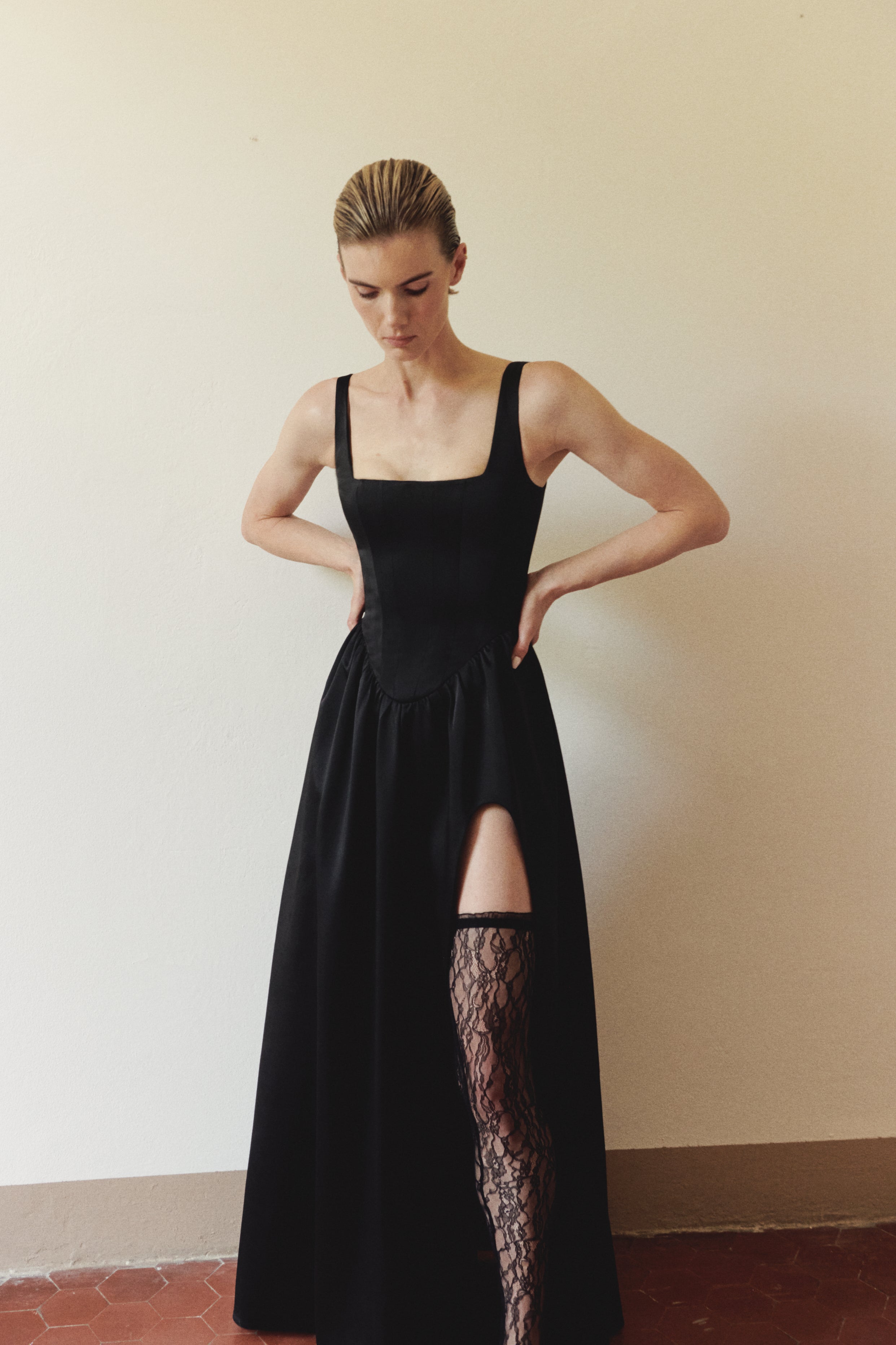 Black Maxi Dress with Garter and Side Slit