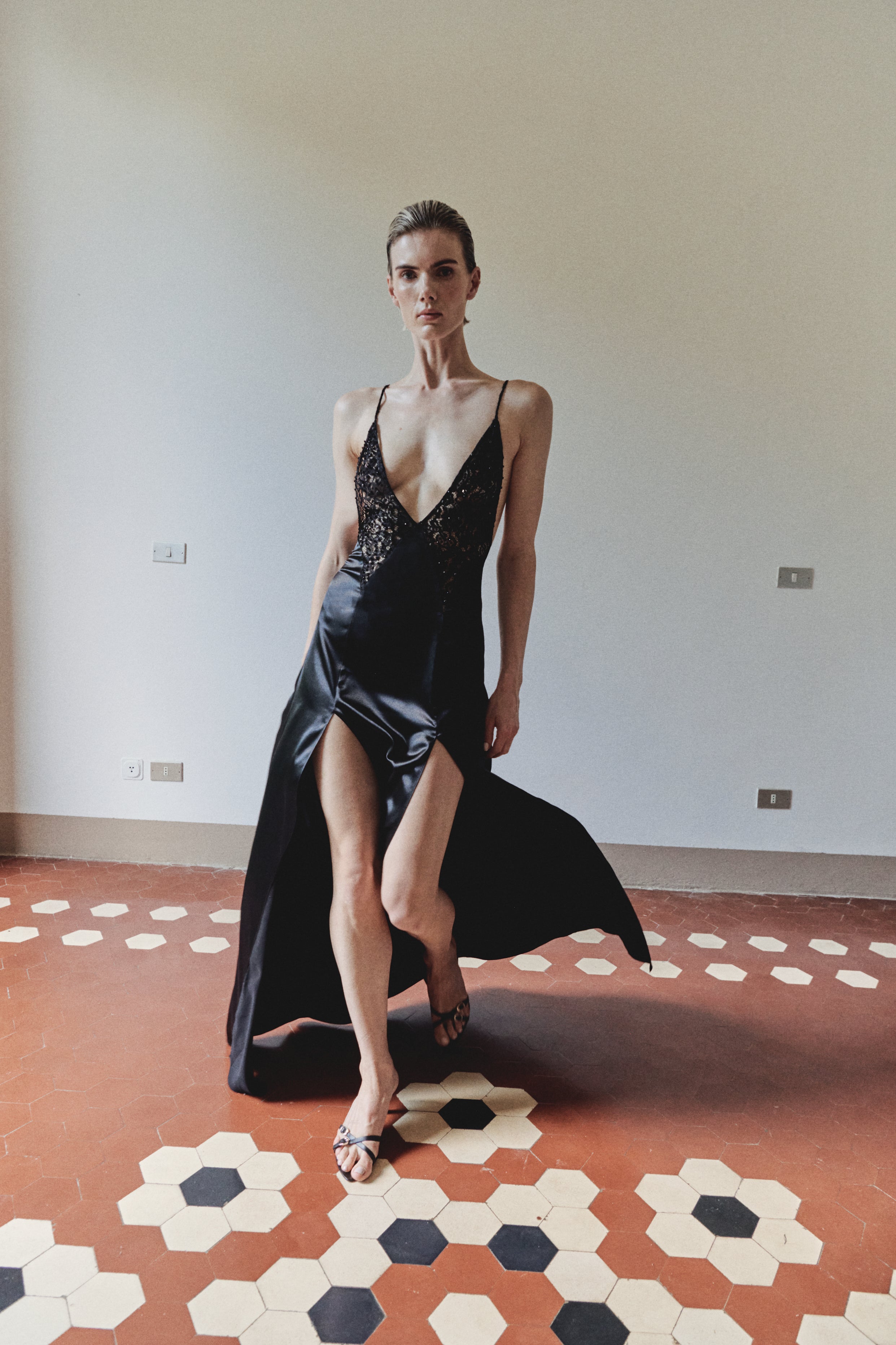 Black Embellished Maxi Dress with Double Side Slits LEAM ALMES Black Embellished Maxi Dress with Double Side Slits LEAM ALMES