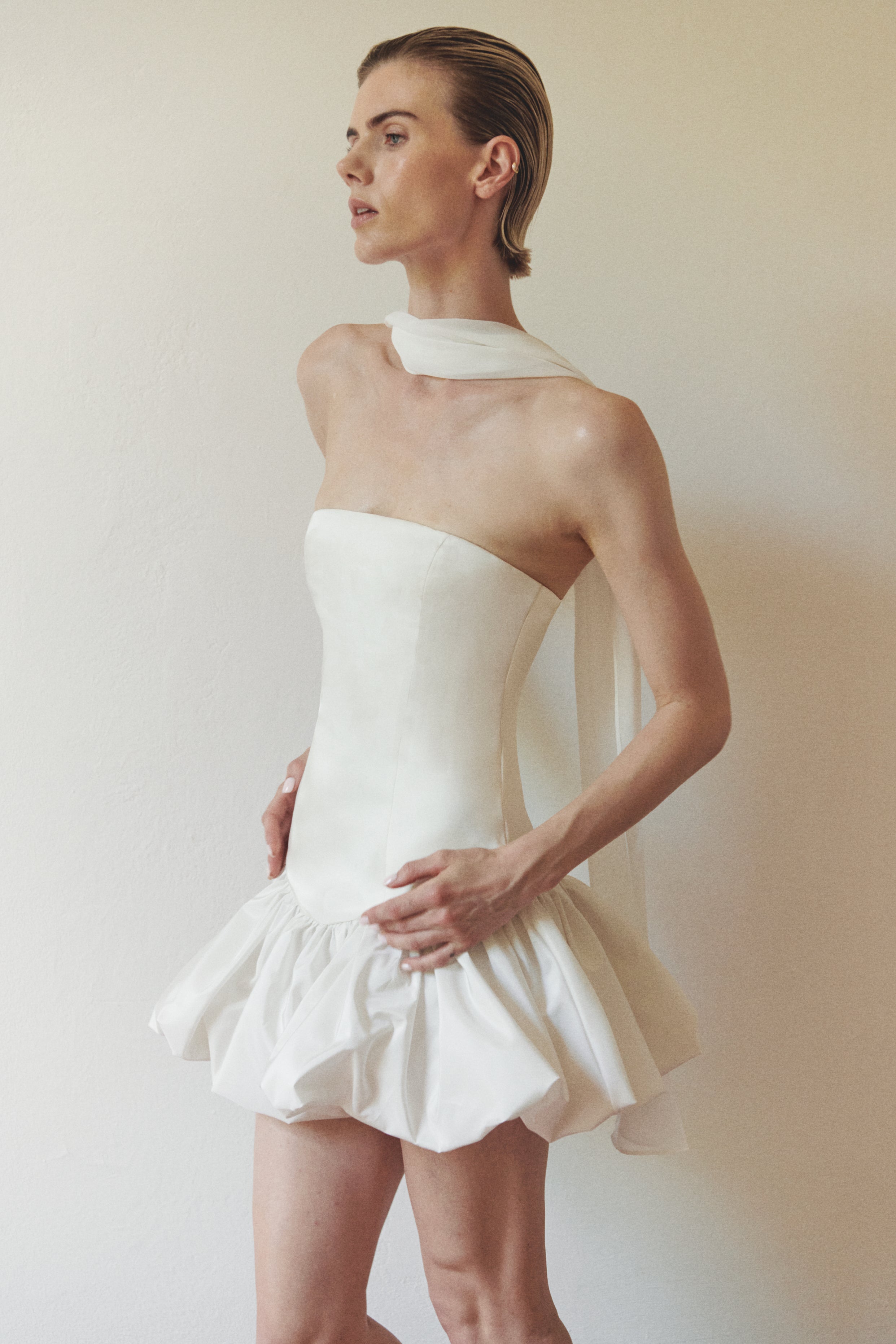 White Strapless Balloon Dress with Scarf LEAM ALMES White Strapless Balloon Dress with Scarf LEAM ALMES