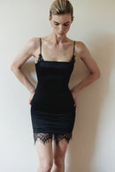 Black Satin Mini Dress with Lace Details