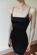 Black Satin Mini Dress with Lace Details