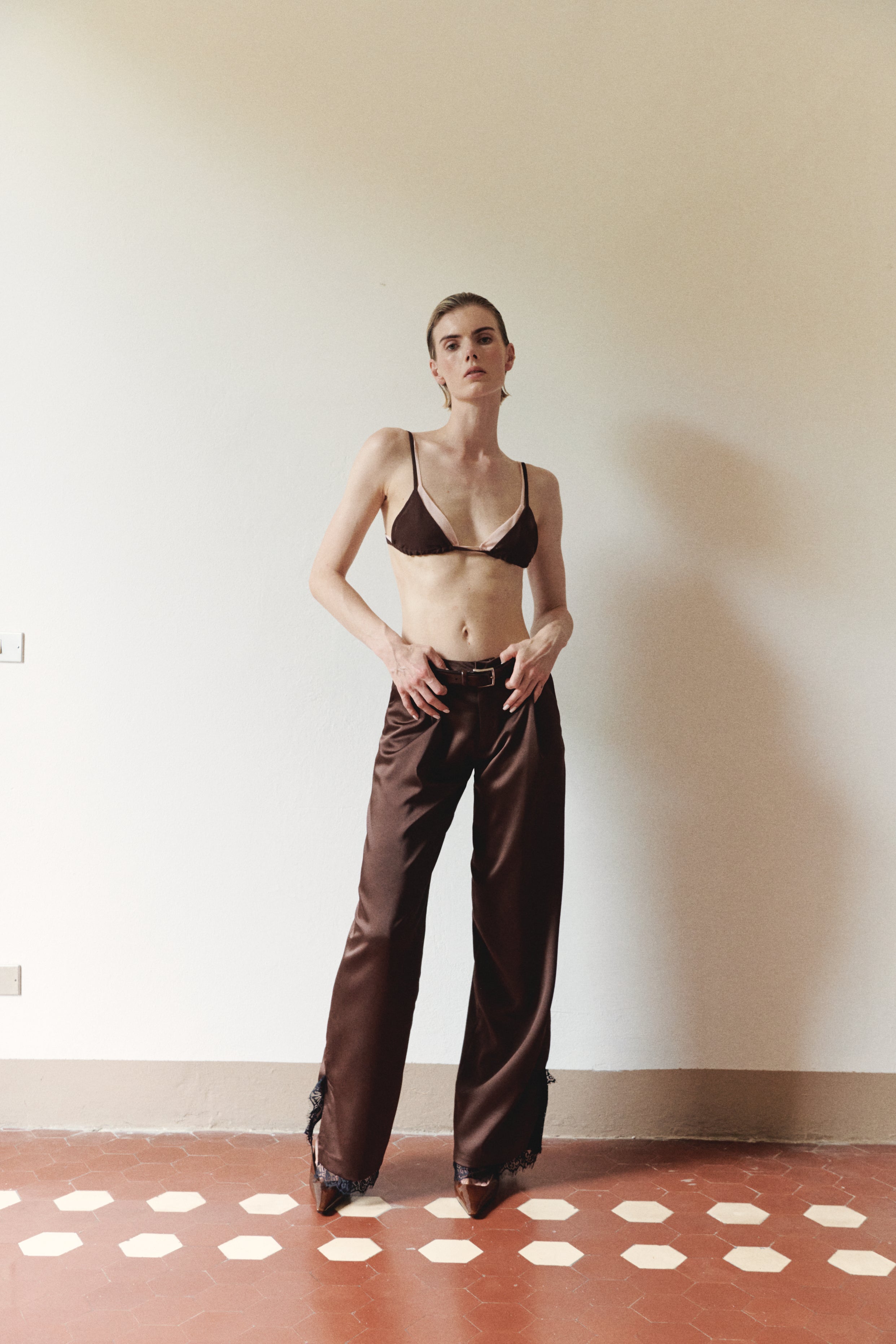 Brown Satin Trousers with Lace Details