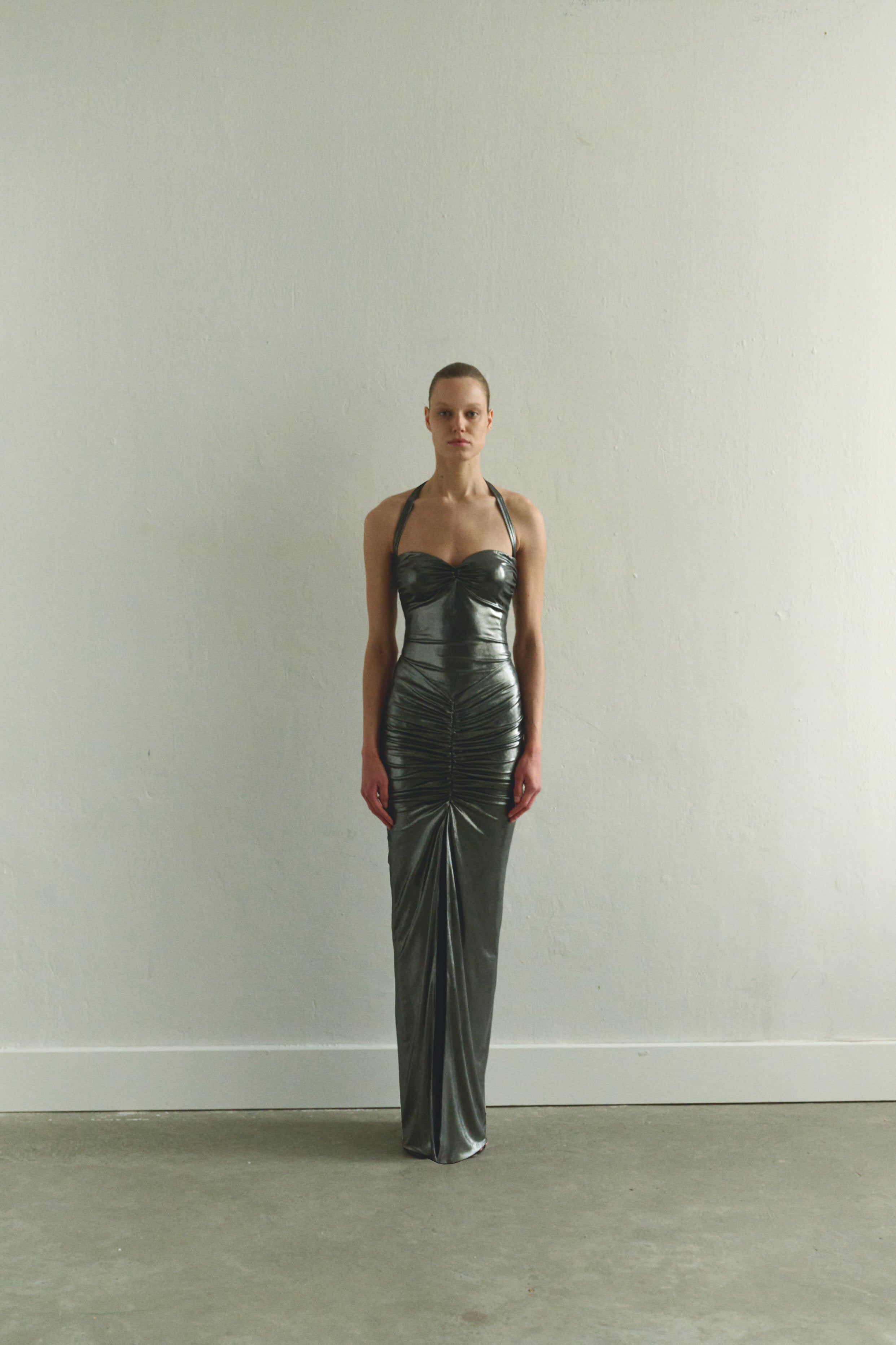 Silver Tie Neck Draped Dress with Front Slit