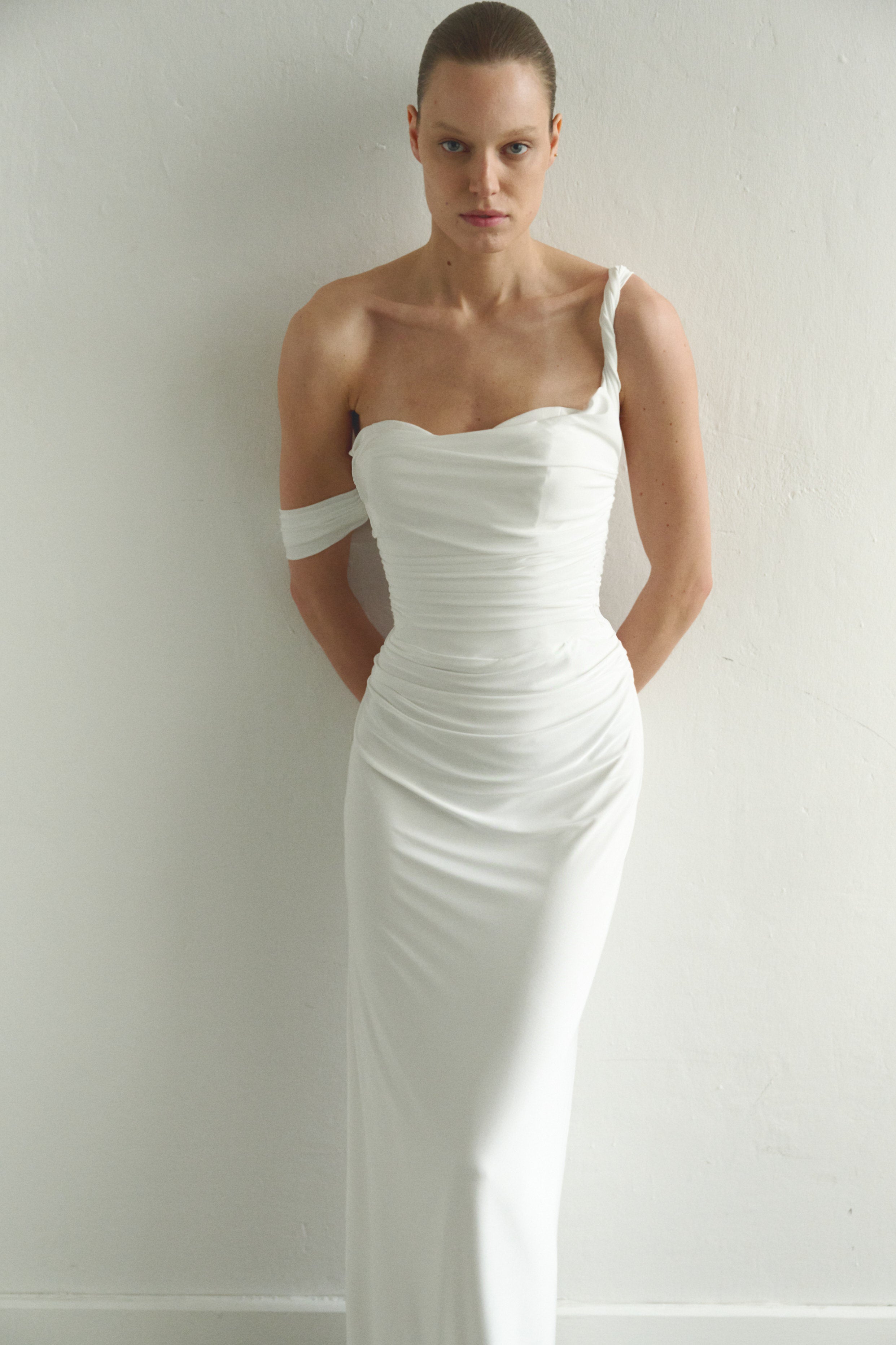 White Draped Maxi Dress Low Strap and  Side Slit