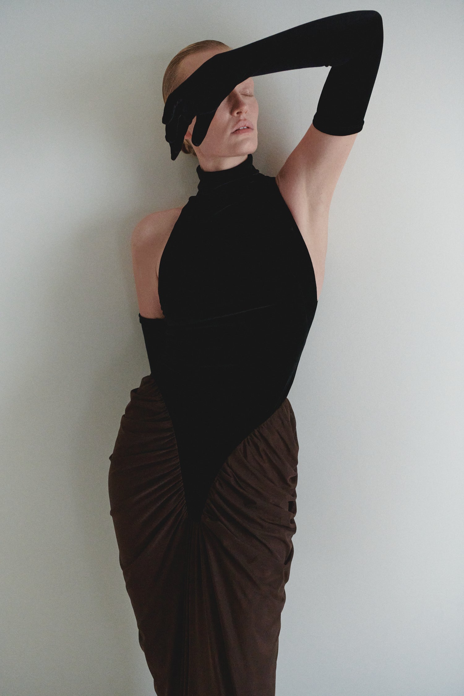 Black Velvet and Brown Tulle Draped Dress with Gloves LEAM ALMES Black Velvet and Brown Tulle Draped Dress with Gloves LEAM ALMES