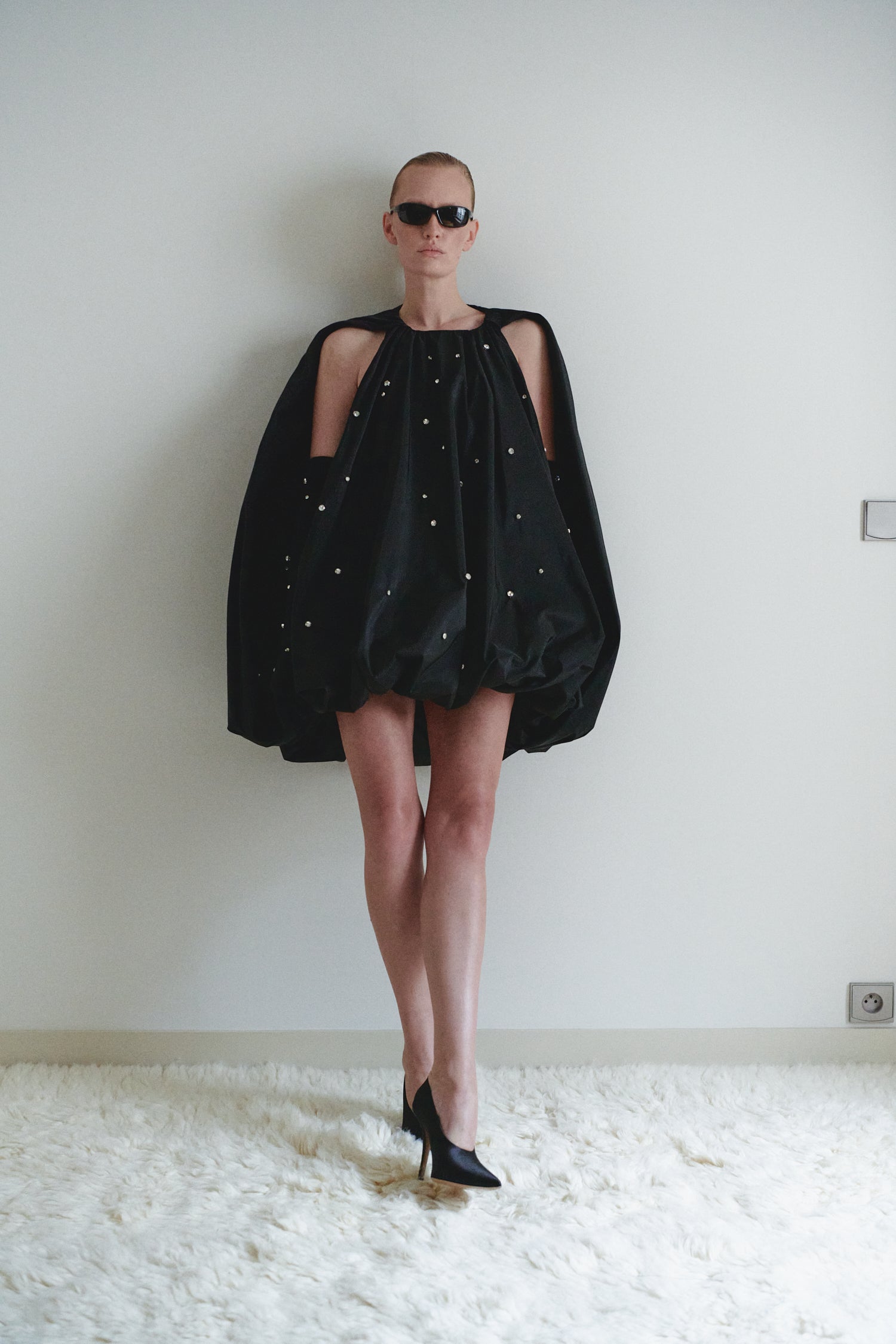 Black Taffeta Stone Embellished Balloon Dress with Gloves LEAM ALMES Black Taffeta Stone Embellished Balloon Dress with Gloves LEAM ALMES