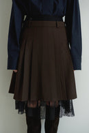 Brown Pleated Skirt with Lace Layer