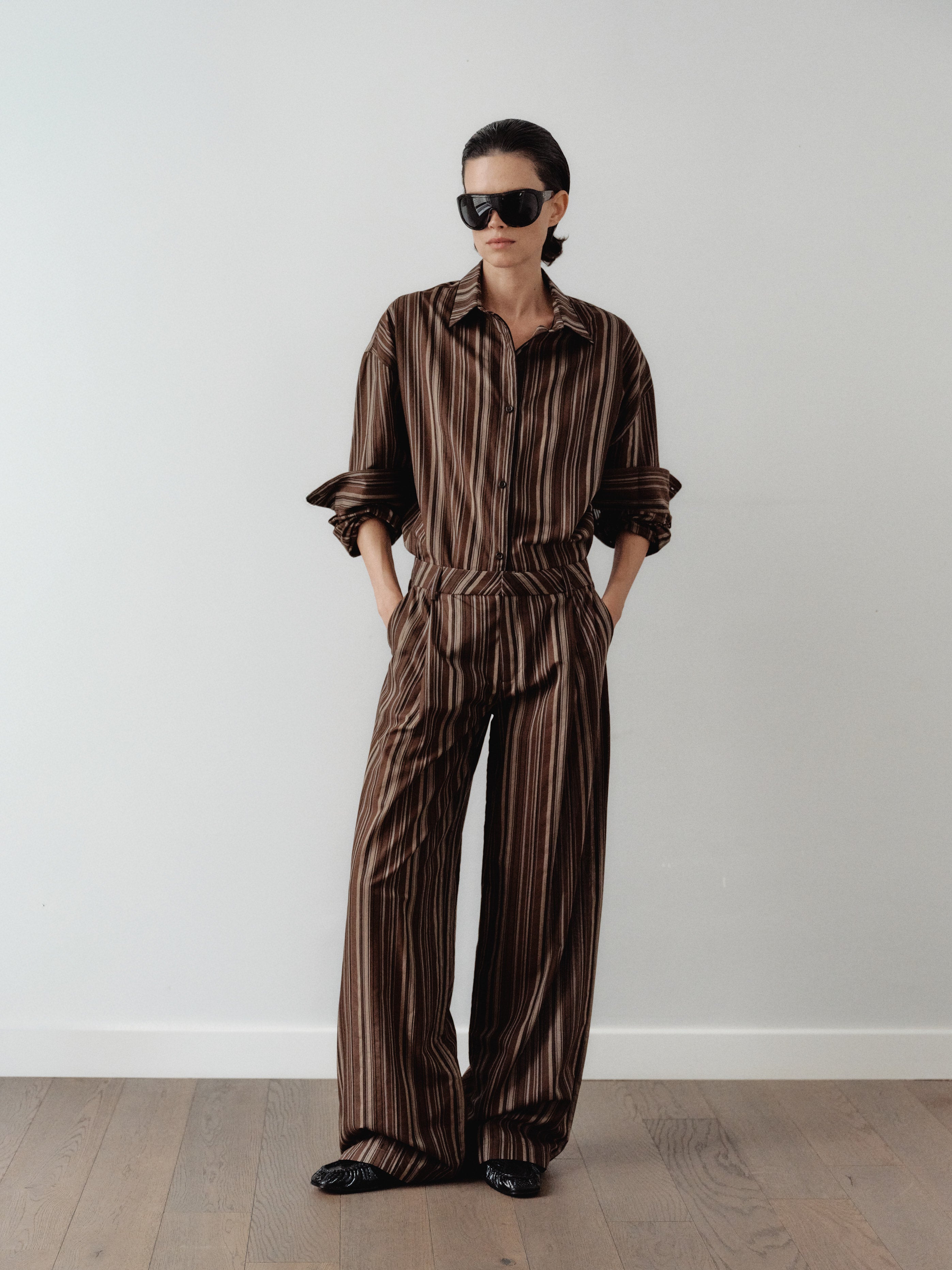 Brown Striped Oversize Unisex Shirt with Tie