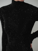 Siyah Taş Baskılı Yırtmaçlı Elbise