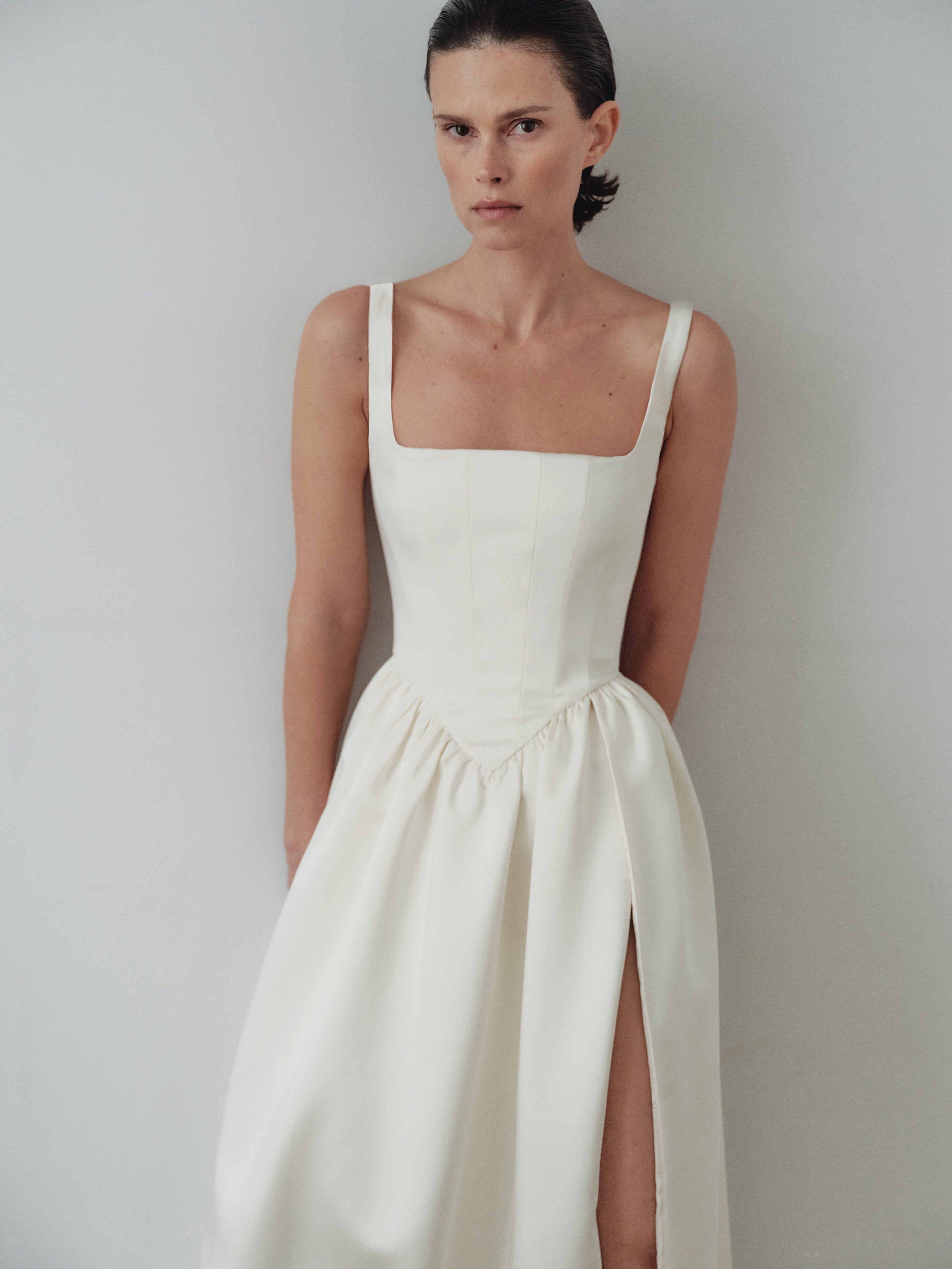 White Maxi Dress with Side Slit and Pockets