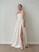 White Maxi Dress with Side Slit and Pockets