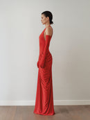 Halter Yaka Drapeli Eldivenli Kırmızı Elbise