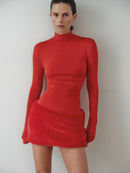 Peluş Etekli Kırmızı Mini Elbise