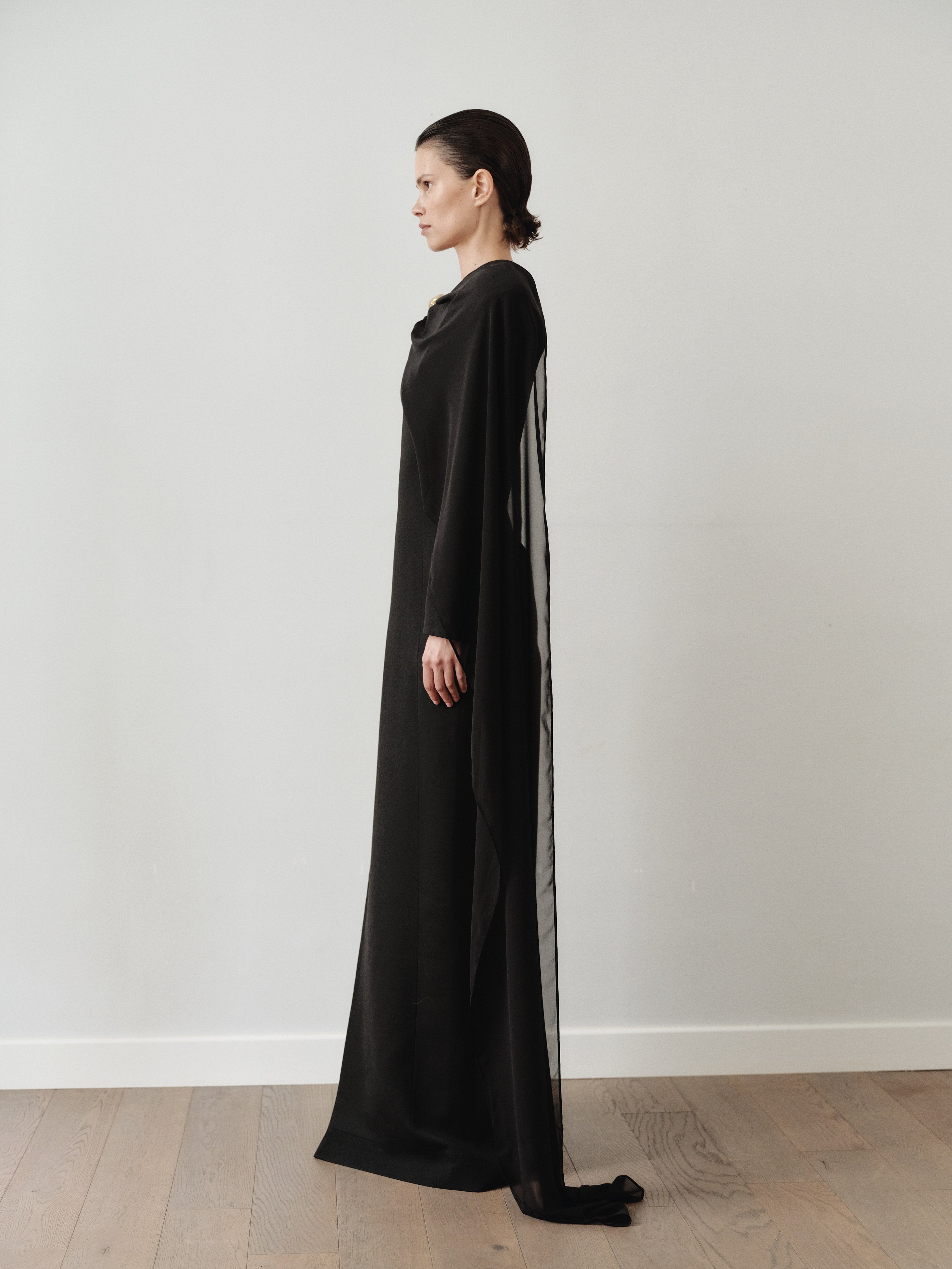 Black V Neckline Maxi Dress with Scarf and Hand-Made Gold Pleated Ston LEAM ALMES Black V Neckline Maxi Dress with Scarf and Hand-Made Gold Pleated Ston LEAM ALMES