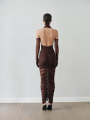 Kahve Tül Eldivenli Uzun Elbise