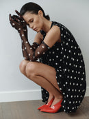 Puantiyeli Şifon Eldivenli Balon Elbise