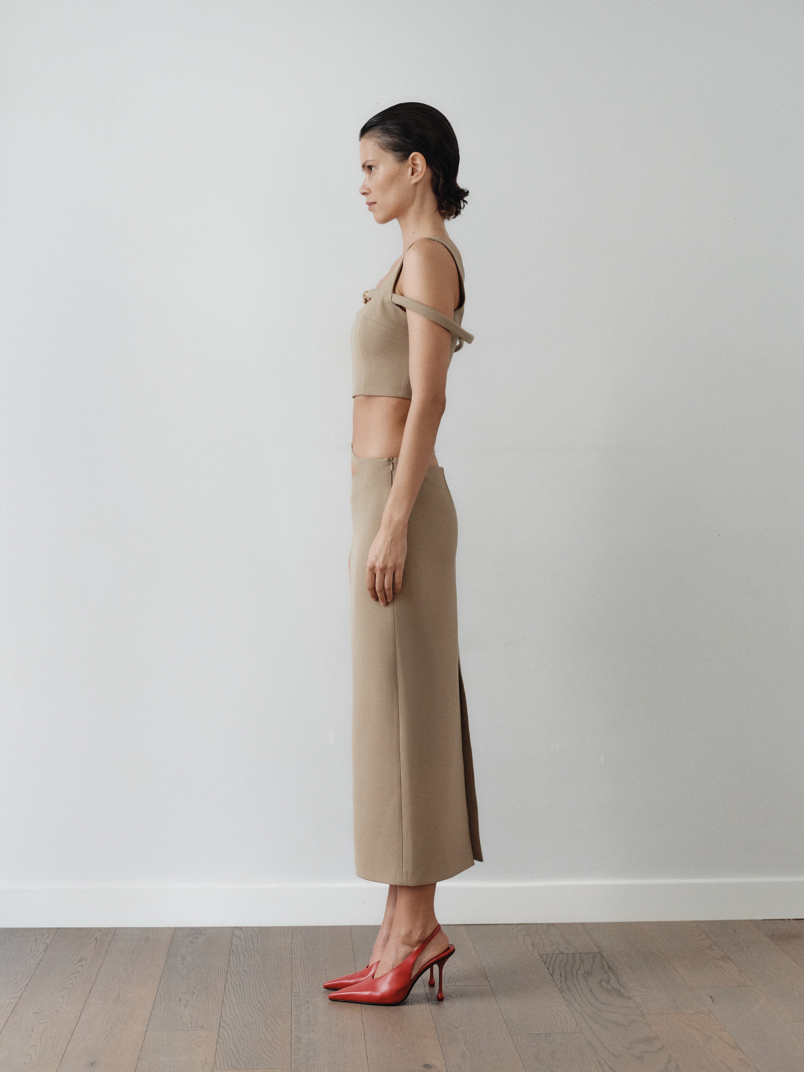 Camel Midi Skirt with Hand-Made Gold Pleated Accesory